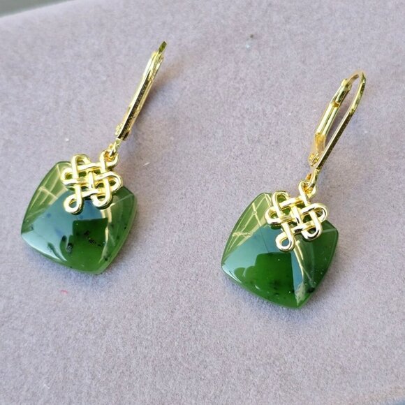 Dynasty ✦ Nephrite Jade Square Drops ✦ 18k Gold Over 925 Silver Earrings NWT - Picture 8 of 17